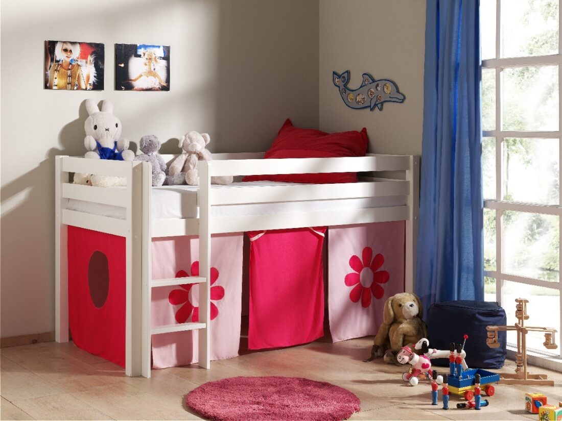 Deze Pino Combinatie Bestaat Uit Een Witte Pino Hoogslaper En Een Speelgordijn Pink Flower