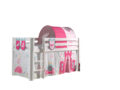 Deze PINO-combinatie bestaat uit een witte PINO hoogslaper , een speelgordijn princess, 3 zakjes princess en een tunnel princess