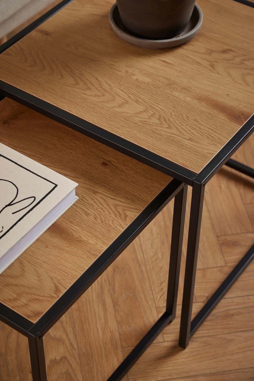 Bijzettafel Seaford 8211 Mat Wild Eiken Melamine 8211 Metaal 8211 Set Van 2