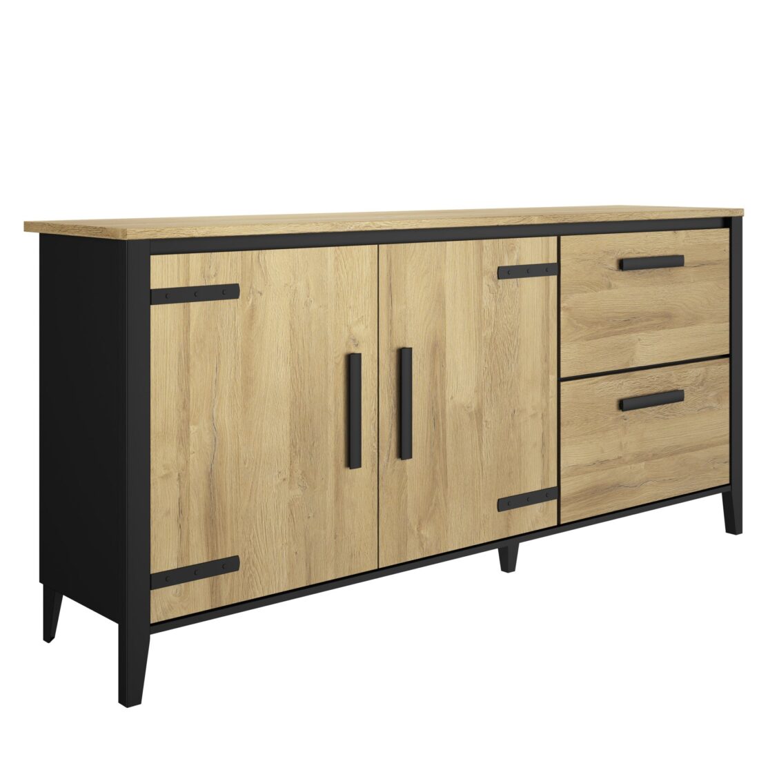 Dressoir Cork 8211 Eiken Afwerking Zwart 8211 2 Deuren En 2 Laden 8211 Lengte 190 Cm