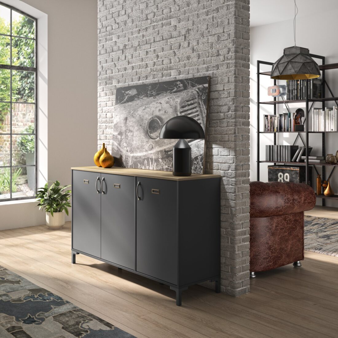 Dressoir Manchester 8211 Helvezia Eikenlook Zwart 8211 3 Deurs