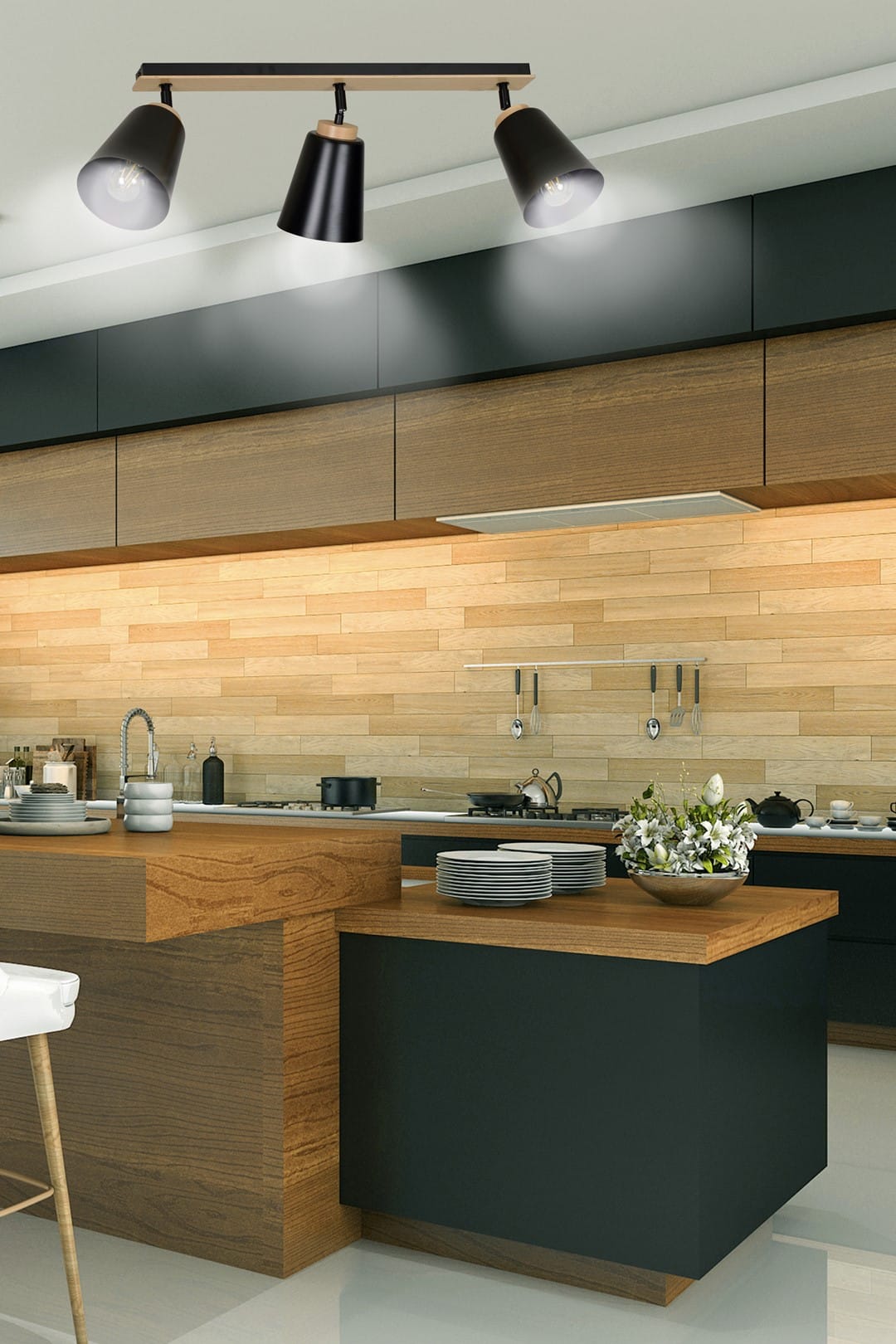 Plafondlamp Atlas 8211 Zwart Hout 8211 3 Spots Plafondlamp Atlas 8211 Zwart Hout 8211 3 Spots