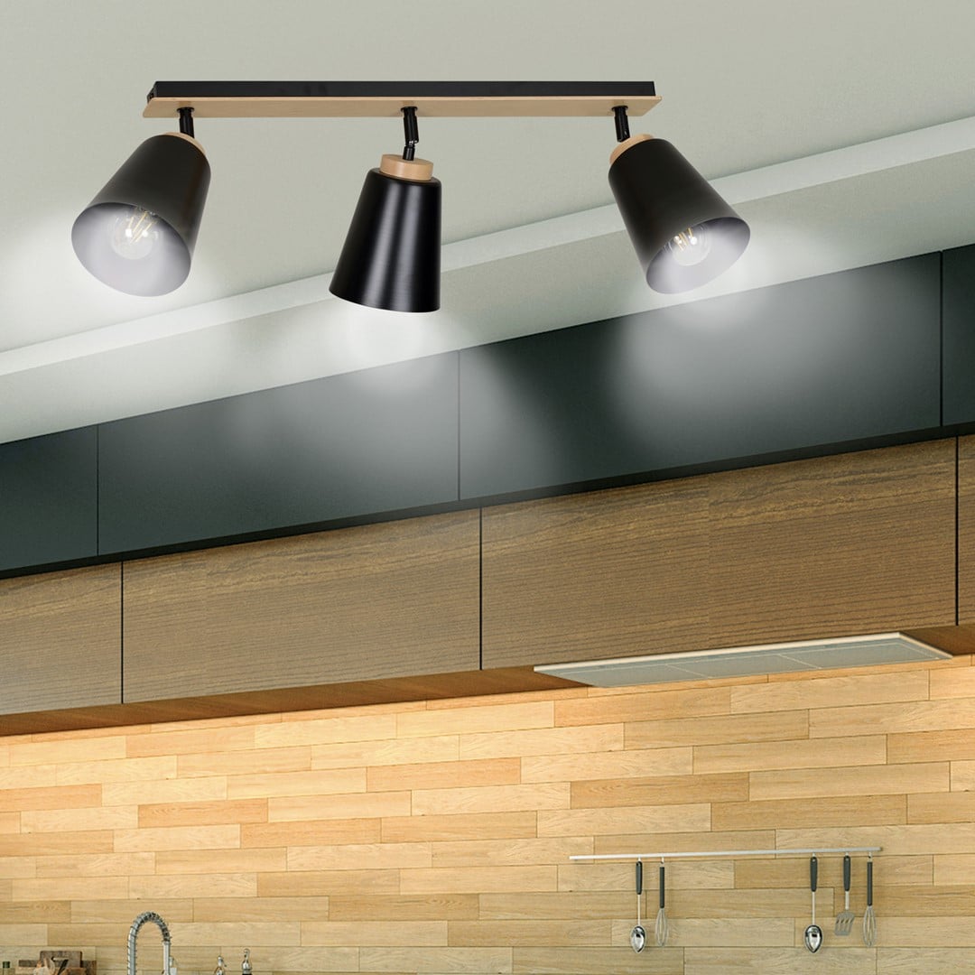 Plafondlamp Atlas 8211 Zwart Hout 8211 3 Spots Plafondlamp Atlas 8211 Zwart Hout 8211 3 Spots