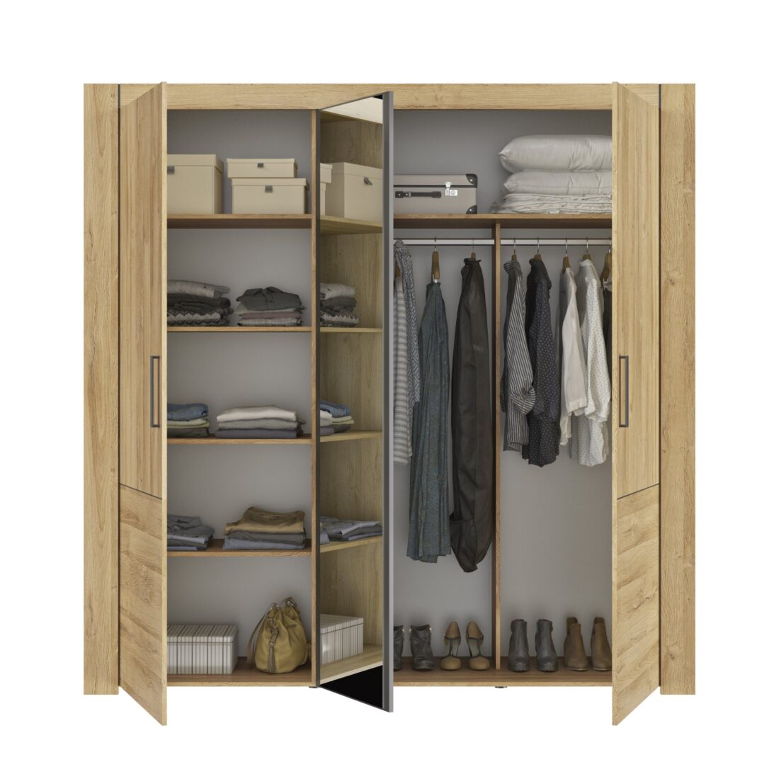 Linnenkast Sofia 8211 3 Deurs 8211 Gouden Eiken Afwerking Zwart 8211 1 Spiegeldeur 8211 Hoogte 222 Cm