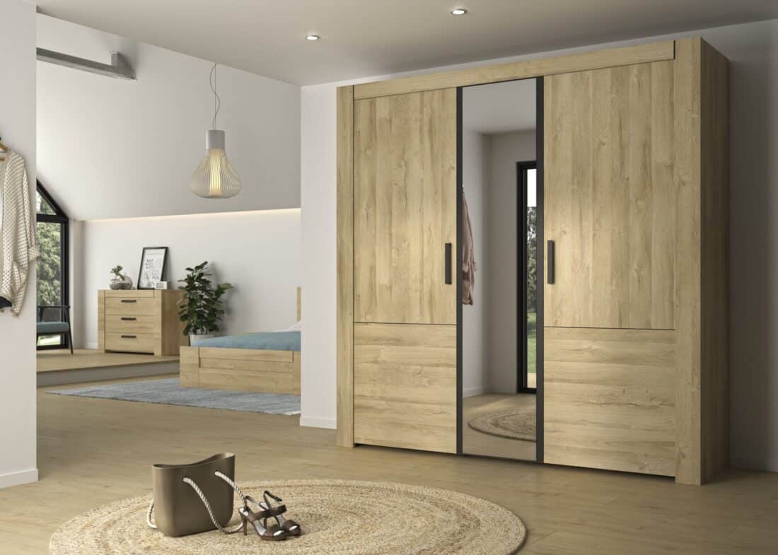 Linnenkast Sofia 8211 3 Deurs 8211 Gouden Eiken Afwerking Zwart 8211 1 Spiegeldeur 8211 Hoogte 222 Cm