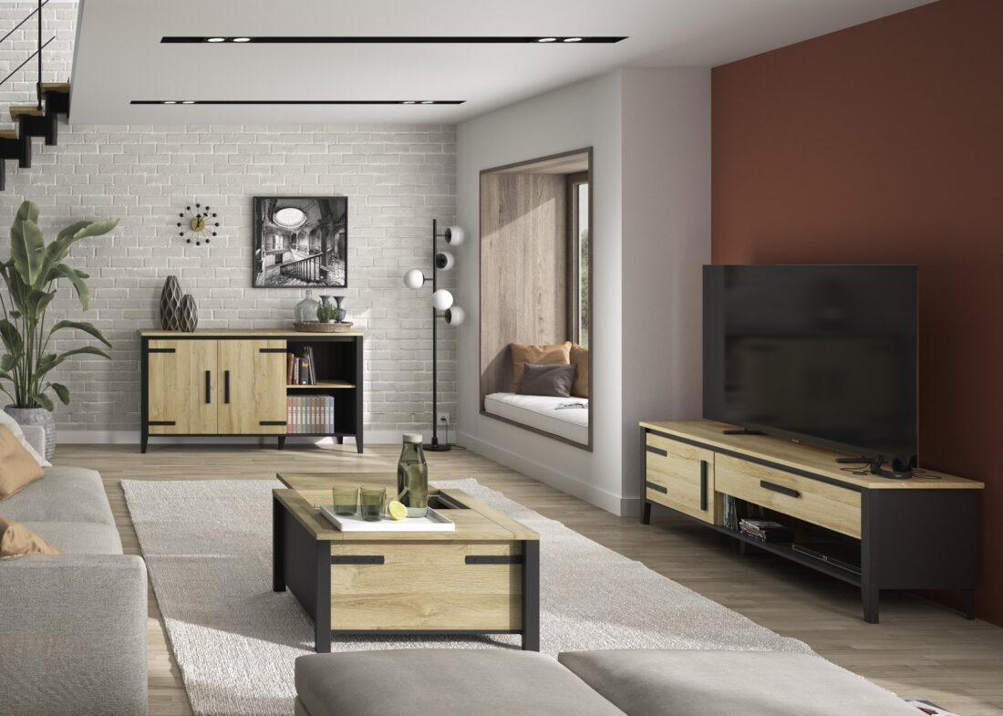 Tv Meubel Cork 8211 Goud Eiken Finish Fineer Zwart 8211 Met 1 Deur En 1 Lade 8211 170 Cm