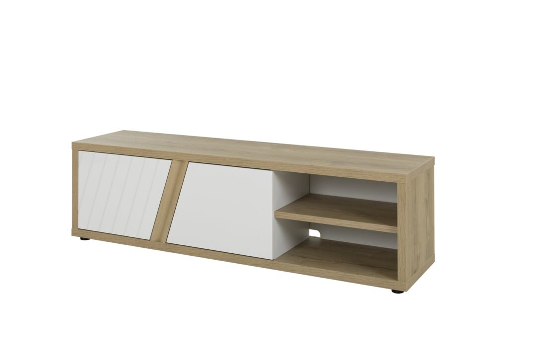 Tv Meubel Epura 8211 Silva Eiken Finish Wit Hoogglans 2 Deuren En Open Vak