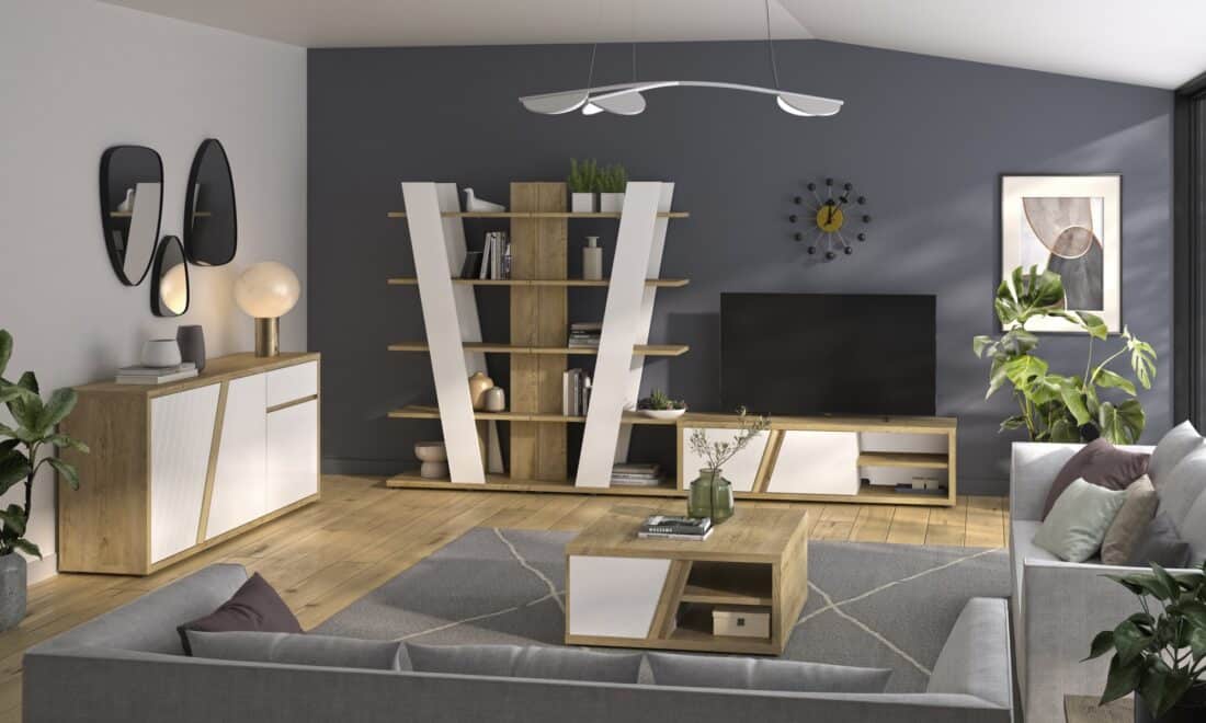 Tv Meubel Epura 8211 Silva Eiken Finish Wit Hoogglans 2 Deuren En Open Vak