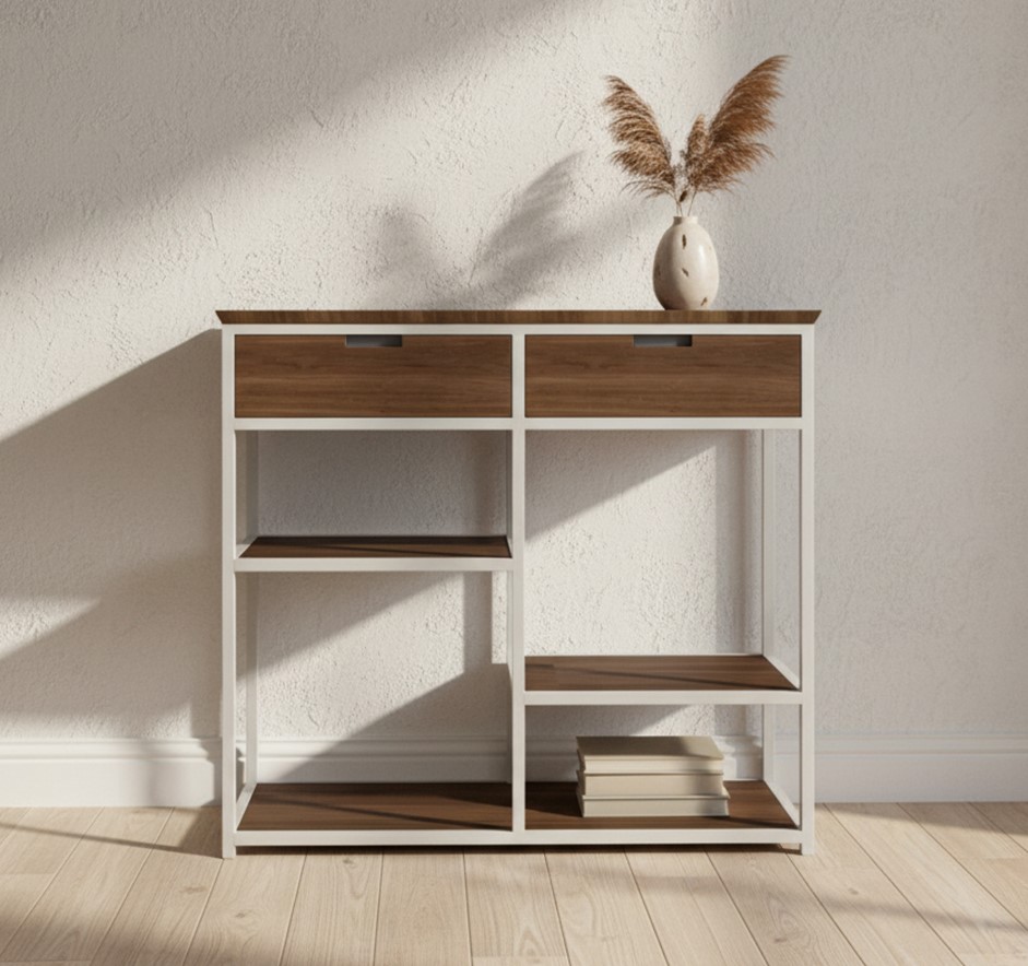 Wandkast Montserrat 8211 Bruin Mangohout Walnoot 8211 Beige Frame 8211 Met 2 Lades En 3 Legplanken