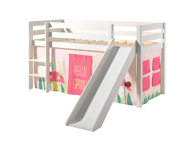 Deze Pino Combinatie Bestaat Uit Een Witte Pino Hoogslaper Met Glijbaan En Een Speelgordijn 8216 Spring 8217