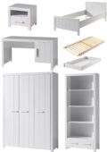 Deze ERIK-combinatie in wit bestaat uit een bed (90x200) met bijbehorende lattenbodem, rolbed, nachtkastje, 3-deurs kleerkast, bureau en boekenkast.