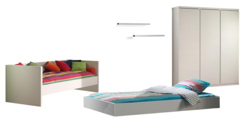 Deze Lara Combinatie In Wit Bestaat Uit Een Kajuitbed 90 215 200 Met Bijbehorend Rolbed 3 Deurs Kleerkast En 2 Hangplankjes