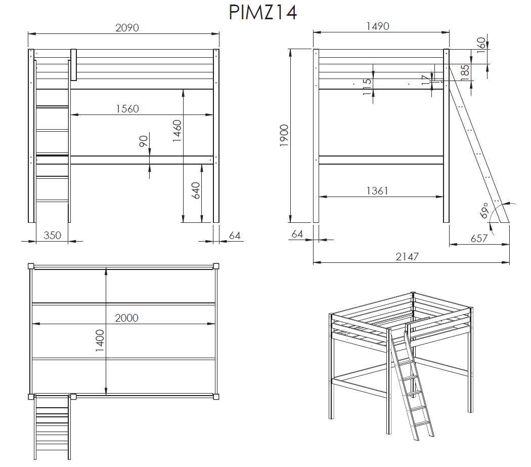 Pino Mezzanine 140 215 200 Cm Wit