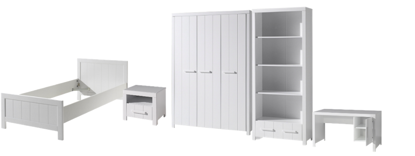 Deze Erik Combinatie In Wit Bestaat Uit Een Bed 90 215 200 Met Bijpassend Nachtkastje 3 Deurs Kledingkast Bureau En Boekenkast