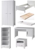 Deze ERIK-combinatie in wit bestaat uit een bed (90x200) met bijbehorende lattenbodem, rolbed, nachtkastje, 2-deurs kleerkast, bureau en boekenrek.