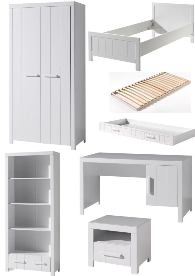 Deze Erik Combinatie In Wit Bestaat Uit Een Bed 90 215 200 Met Bijbehorende Lattenbodem Rolbed Nachtkastje 2 Deurs Kleerkast Bureau En Boekenrek