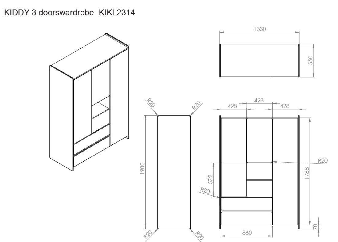 Kiddy Kledingkast 3 Deuren 2 Lades