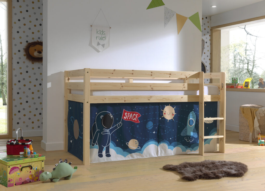 Deze Pino Combinatie Bestaat Uit Een Natuurkleurige Pino Hoogslaper En Een Speelgordijn Spaceshuttle