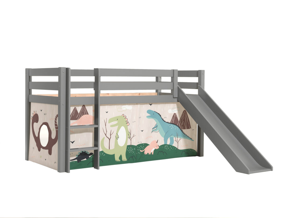 Deze Pino Combinatie Bestaat Uit Een Grijze Pino Hoogslaper Met Glijbaan En Een Dino Speelgordijn