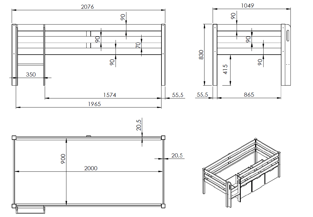 Pino Halfhoogslaper Met Ladder Grijs