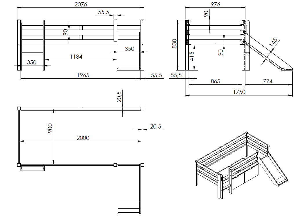 Pino Halfhoogslaper Met Ladder En Glijbaan Wit