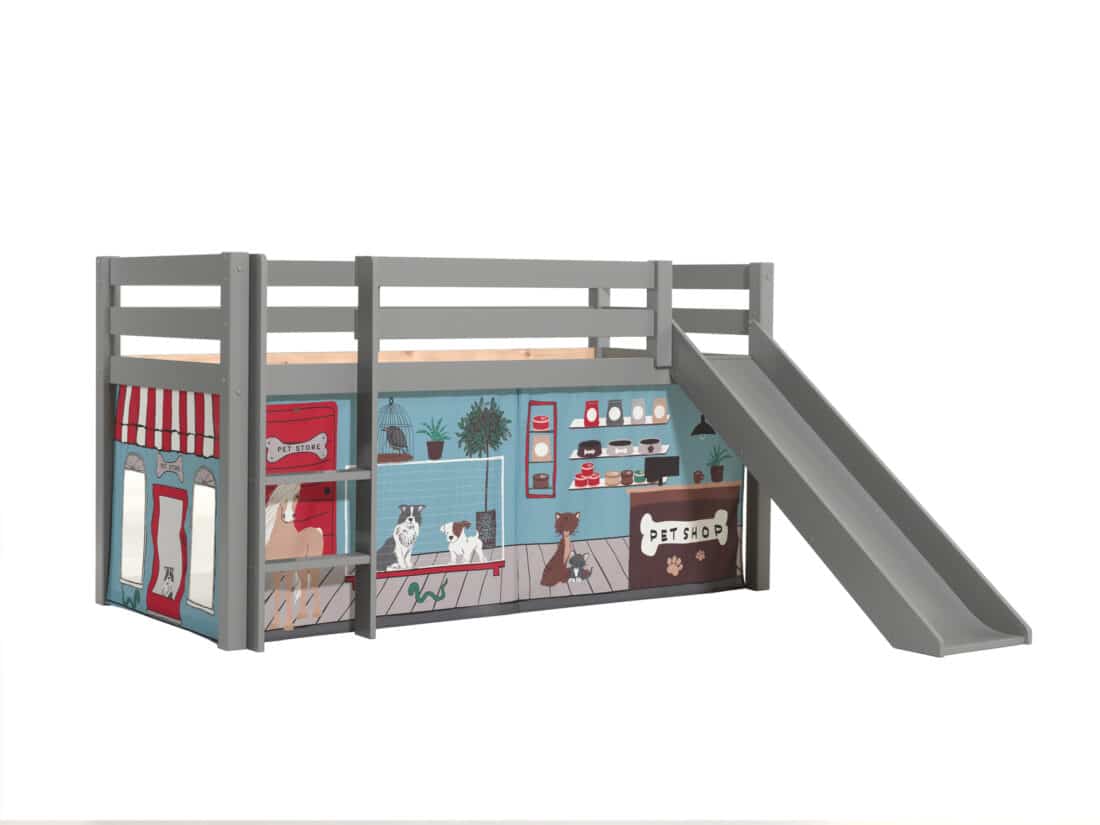 Deze Pino Combinatie Bestaat Uit Een Grijze Pino Hoogslaper Met Glijbaan En Een Speelgordijn Pet Shop