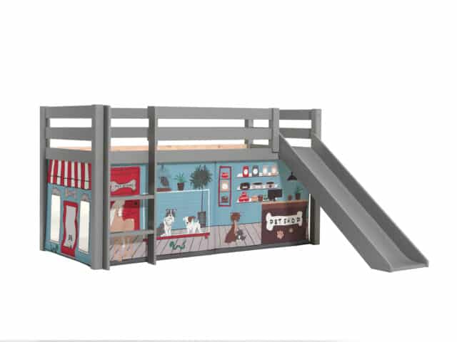 Deze Pino Combinatie Bestaat Uit Een Grijze Pino Hoogslaper Met Glijbaan En Een Speelgordijn Pet Shop