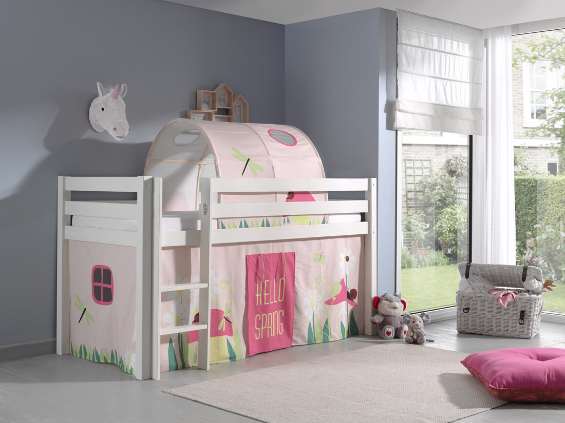 Deze Pino Combinatie Bestaat Uit Een Witte Pino Hoogslaper Een Speelgordijn Spring En Een Tunnel Spring